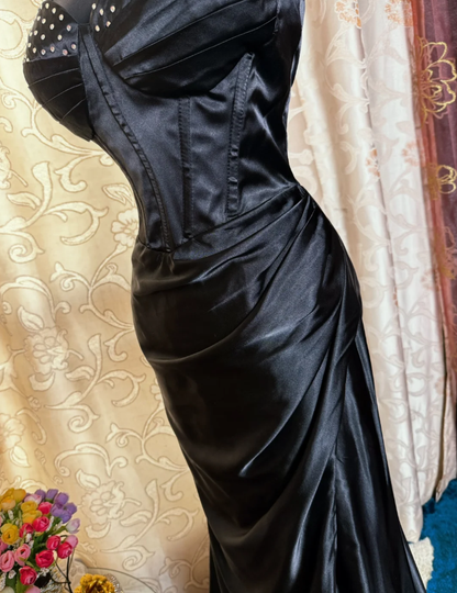 Fashion Black Spaghetti Straps Satin Beaded Mermaid Long Evening Dress Formal Wedding Guest Dress SP1614
