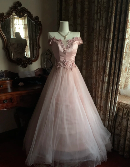 Sweet Pink Off The Shoulder Satin Tulle Appliques Long Birthday Party Dress Prom Gown