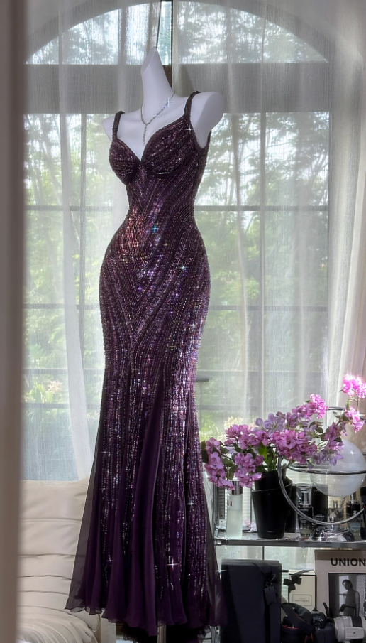 Vintage V Neck Dark Purple Chiffon Sequin Mermaid Long Party Gown Evening Dress