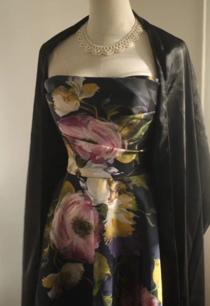 Pretty Strapless Satin Rose Print Floral Long Birthday Party Dress Evening Gown