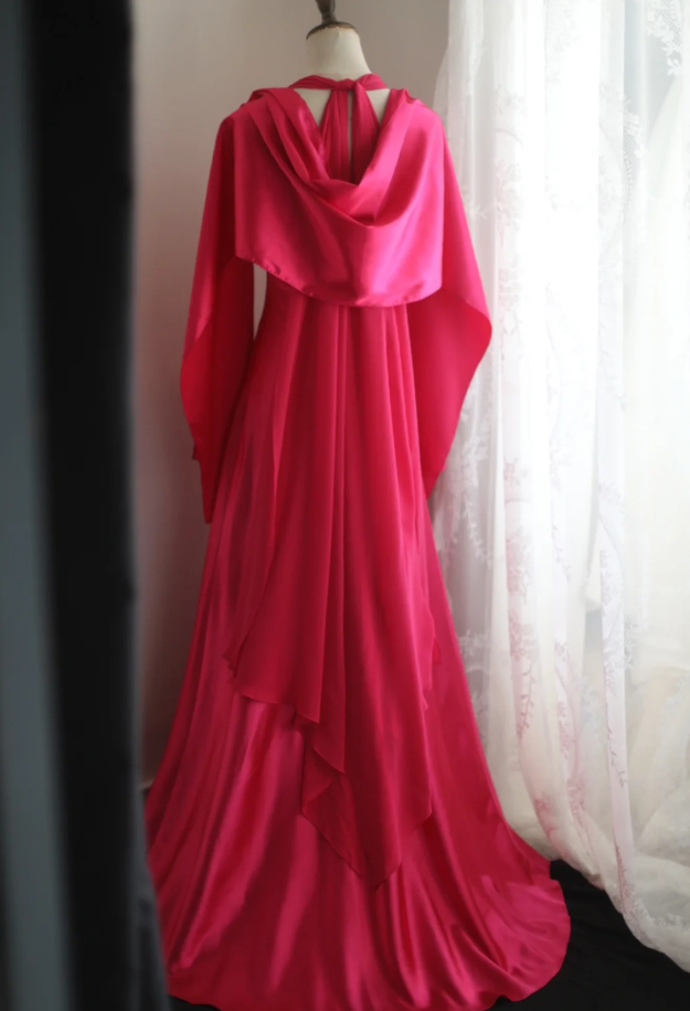 Glamorous Halter Hot Pink Satin Chiffon Mermaid Long Party Dress Formal Birthday Prom Gowns With Cape