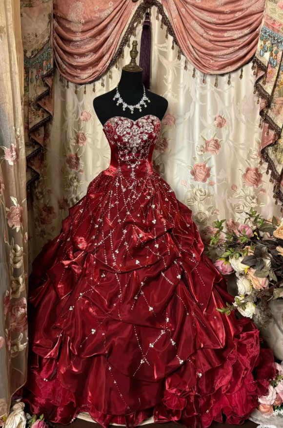 Vintage Strapless Burgundy Satin Pleated Beaded Ball Gown Sweet 16 Dress