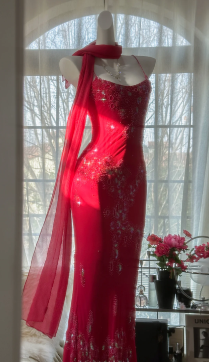 Pretty Red Spaghetti Straps Chiffon Beaded Mermaid Evening Dress Long Birthday Party Dress Prom Gown