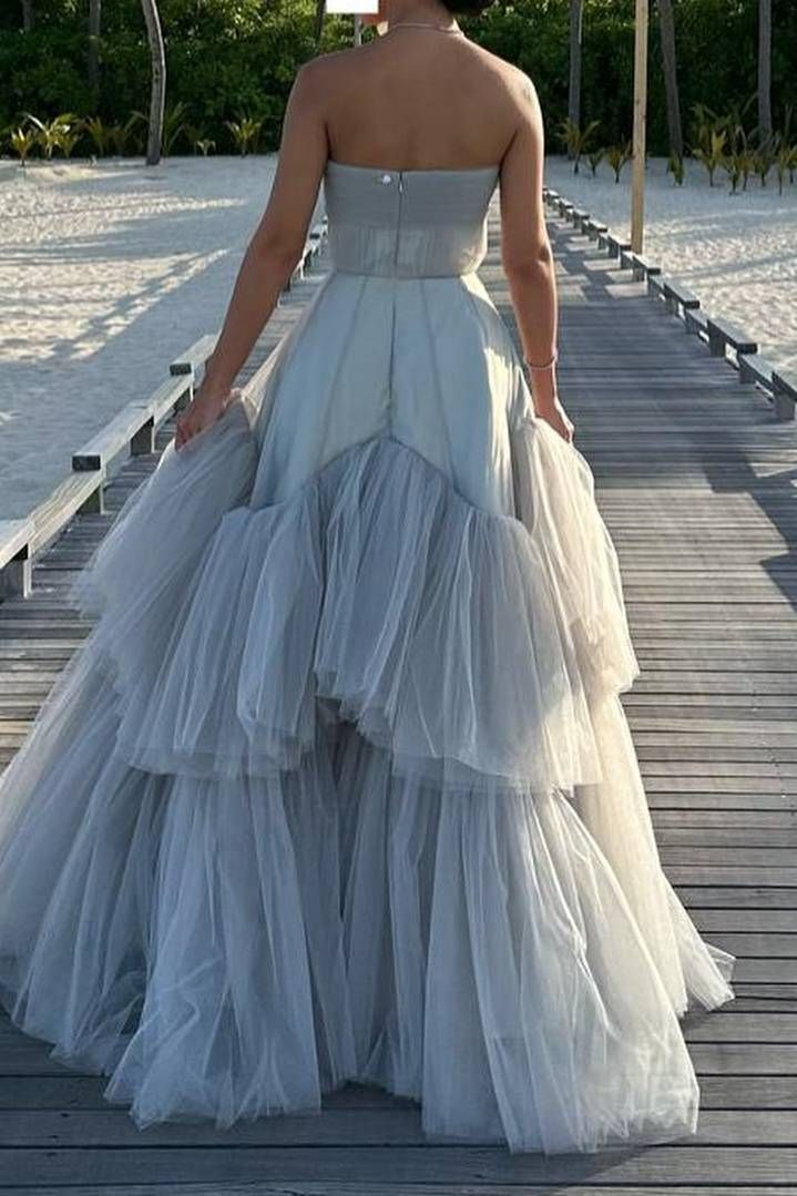 Elegant Strapless Blue Tulle Beaded Long Birthday Prom Dress Evening Gown Formal Wedding Guest Dress SP1432