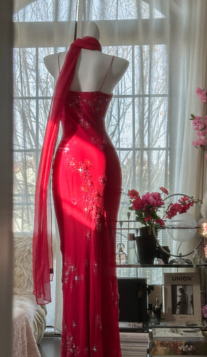 Pretty Red Spaghetti Straps Chiffon Beaded Mermaid Evening Dress Long Birthday Party Dress Prom Gown