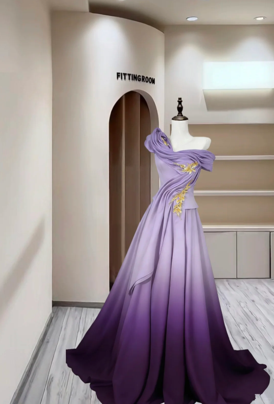 Charming Ombre Purple Satin Pleated Appliques Long Party Dress Evening Gown
