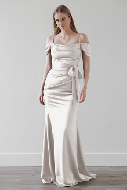 off shoulder collar thin shoulder straps backless and floor length evening dress