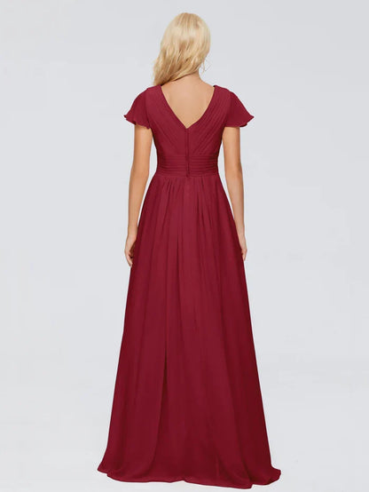 A-line V-neck chiffon and floor length bridesmaid dress