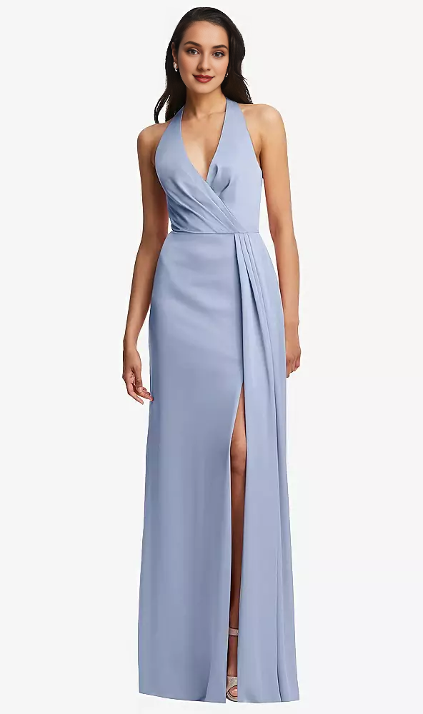 Pleated V-neck back slit horn and floor length Prom dress