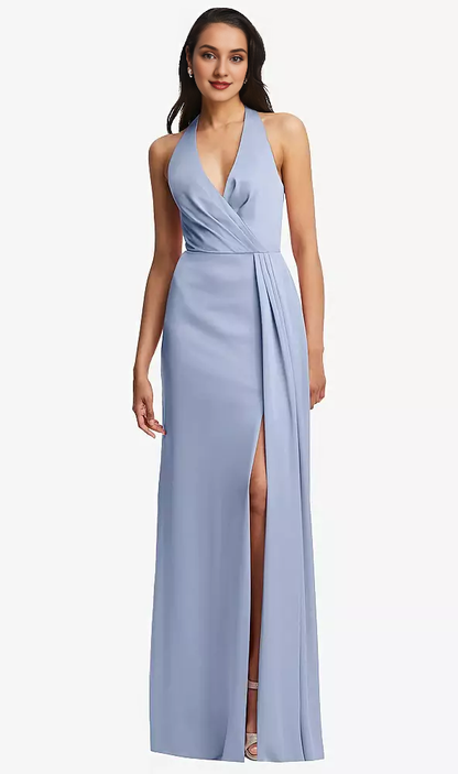 Pleated V-neck back slit horn and floor length Prom dress