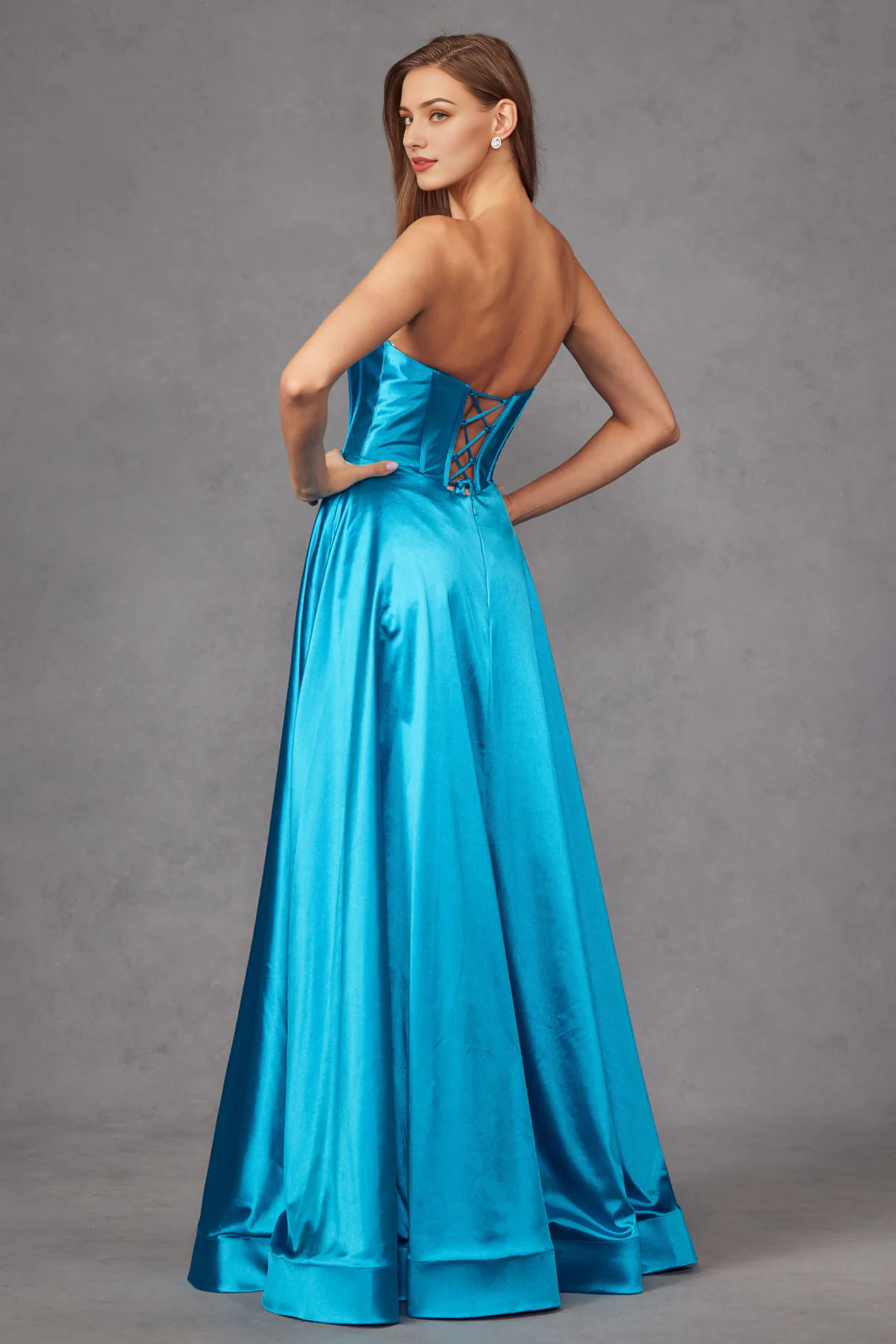 A-line slit skirt with bead embellishment long strapless dress
