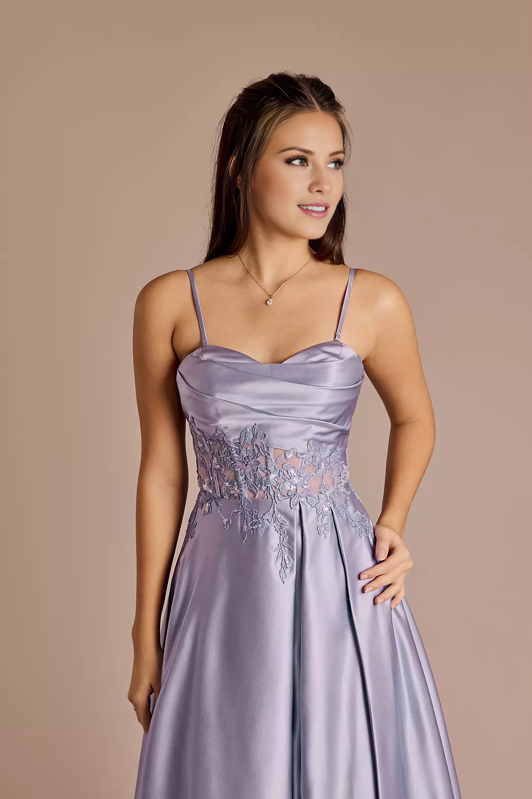 Draped Strapless Satin Appliqued Ball Gown