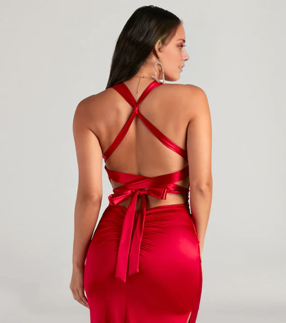 V collar satin side slit backless and floor length Prom dress