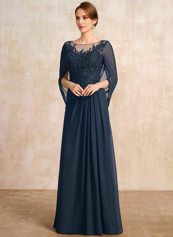 A-shaped Scoop Illusion floor lace chiffon with sequins and pleats, mother of the bride dress