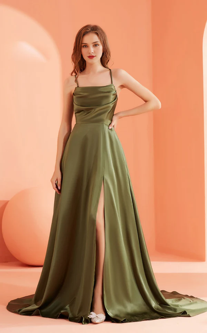 A-line square neckline sleeveless thin shoulder strap with side slits and floor length Prom dress