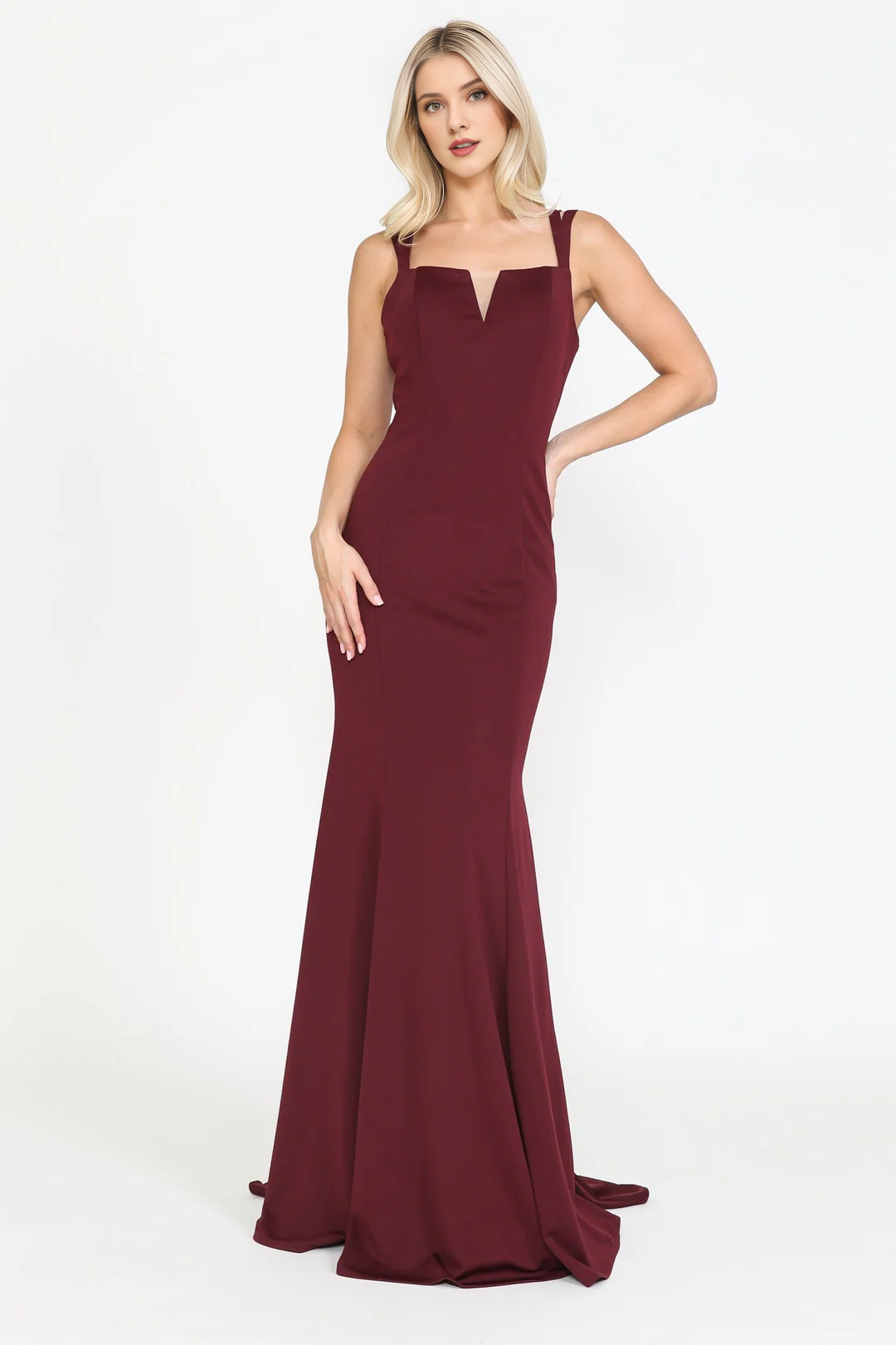 Fitted skirt V-neck plain knit long dress