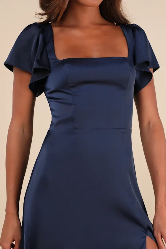 square neckline short sleeved backless side slit and floor length evening dress