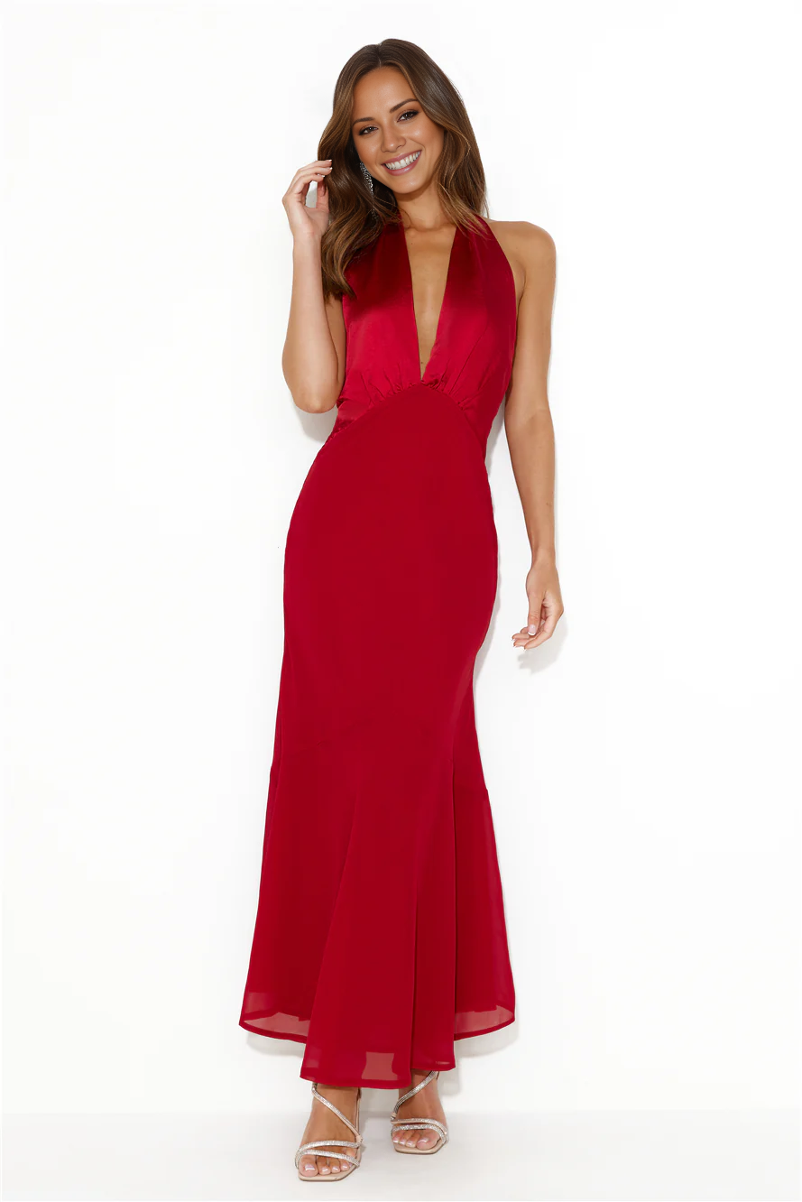 deep V-neck hanging satin backless long Prom dress