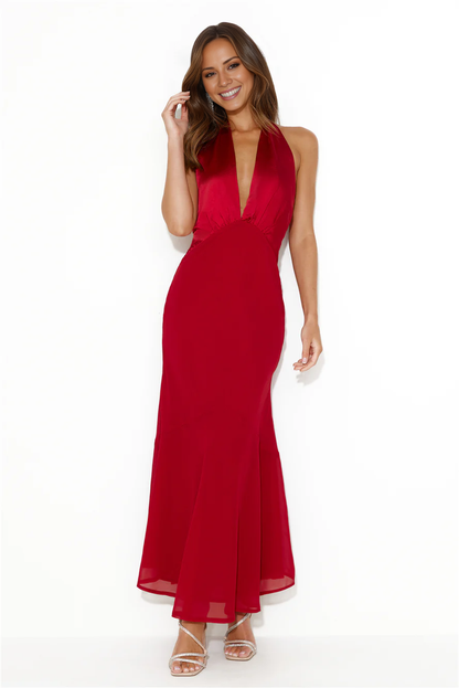 deep V-neck hanging satin backless long Prom dress