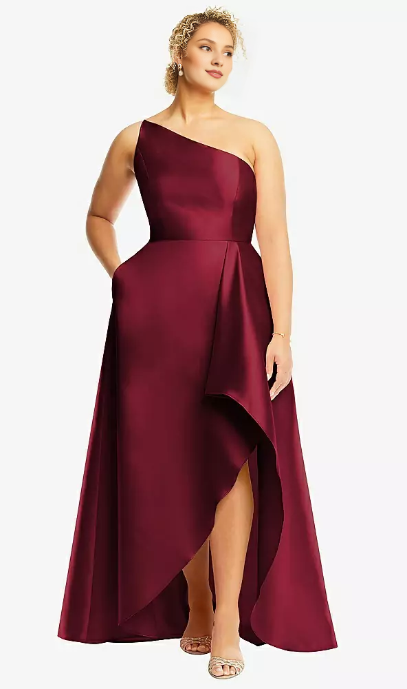 Drawn front slit and pocket with one shoulder satin Prom dress
