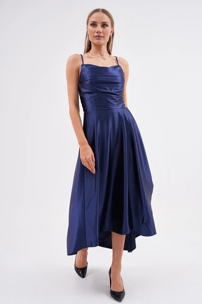 - satin pleated thin shoulder strap backless long Prom dress