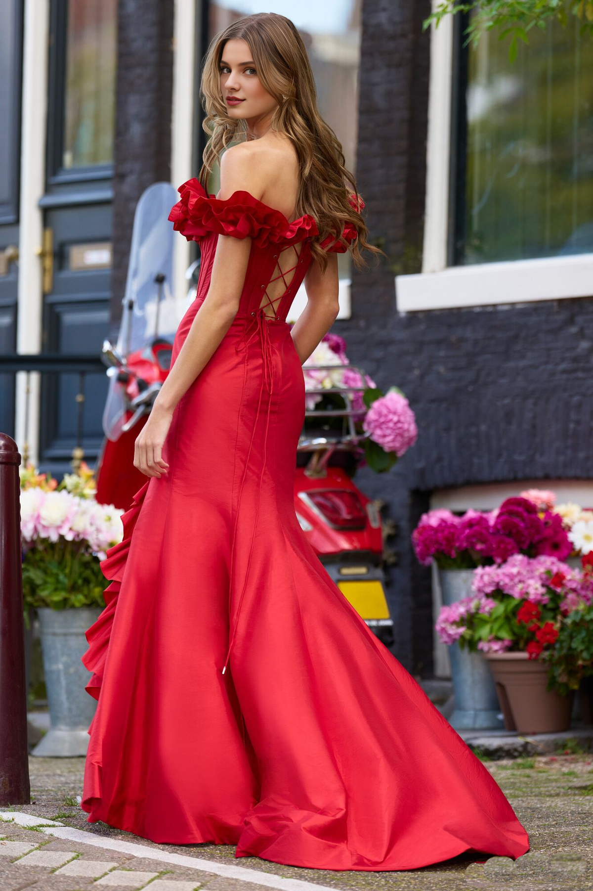 A-line off shoulder front slit back tie and floor length Prom dress