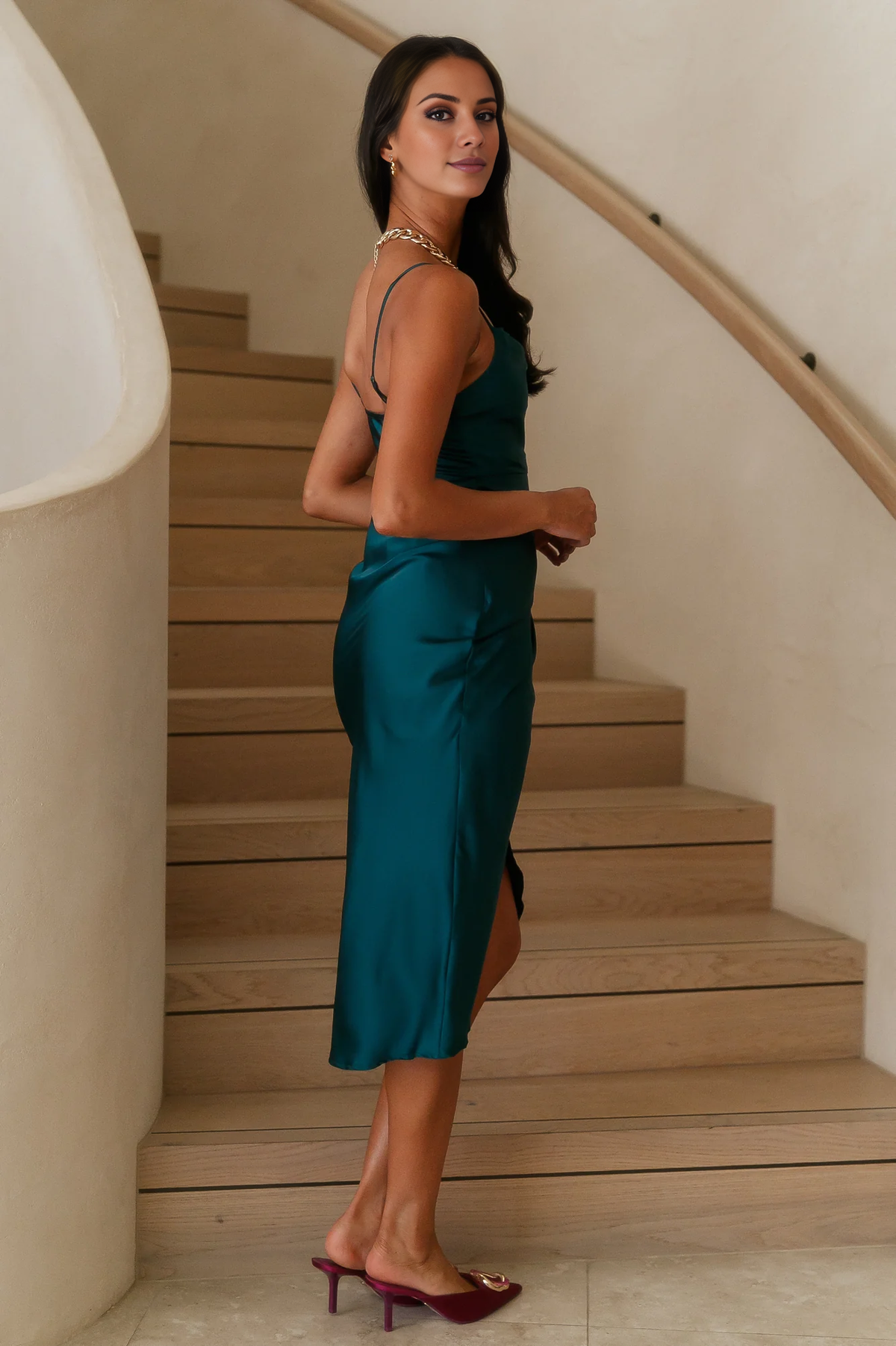 Pendant Collar Thin Shoulder Strap Satin Long Prom Dress