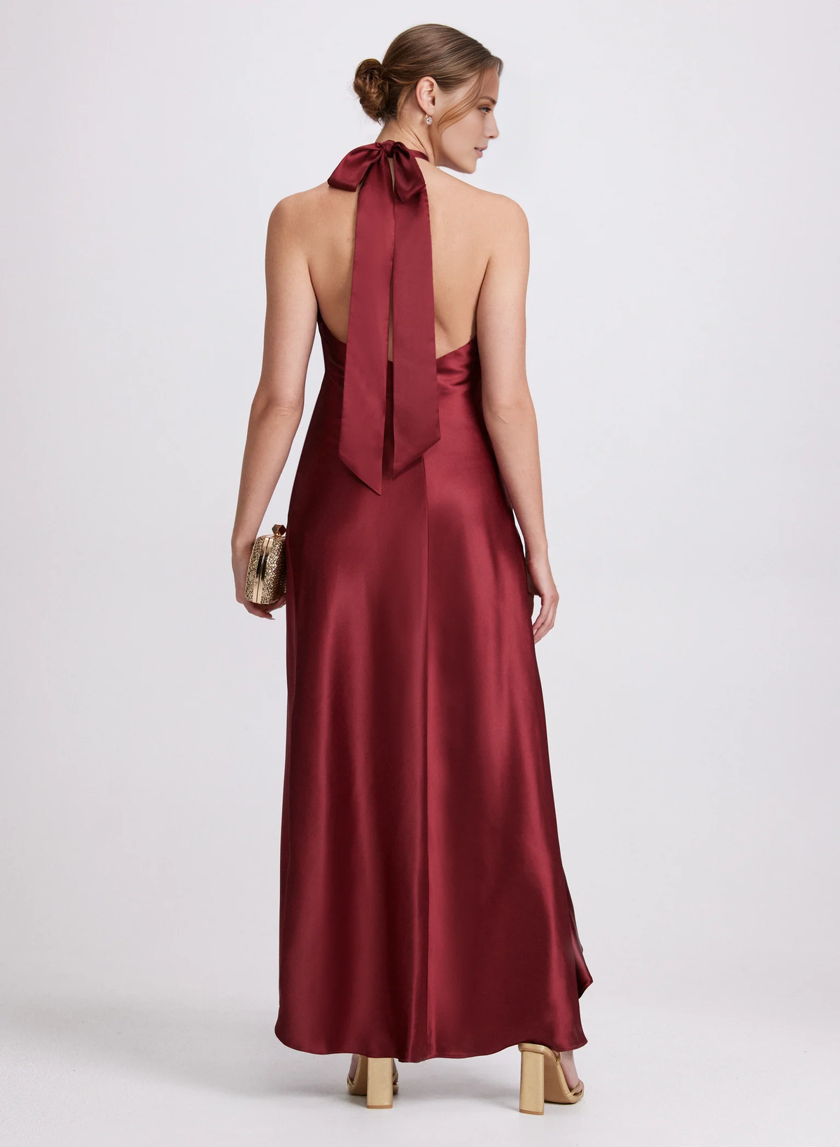 satin hanging neck sleeveless ruffle edge slit long Prom dress