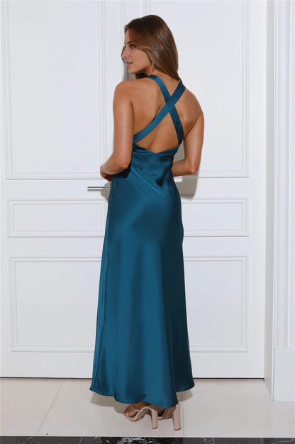 V-neck sleeveless backless satin long Prom dress