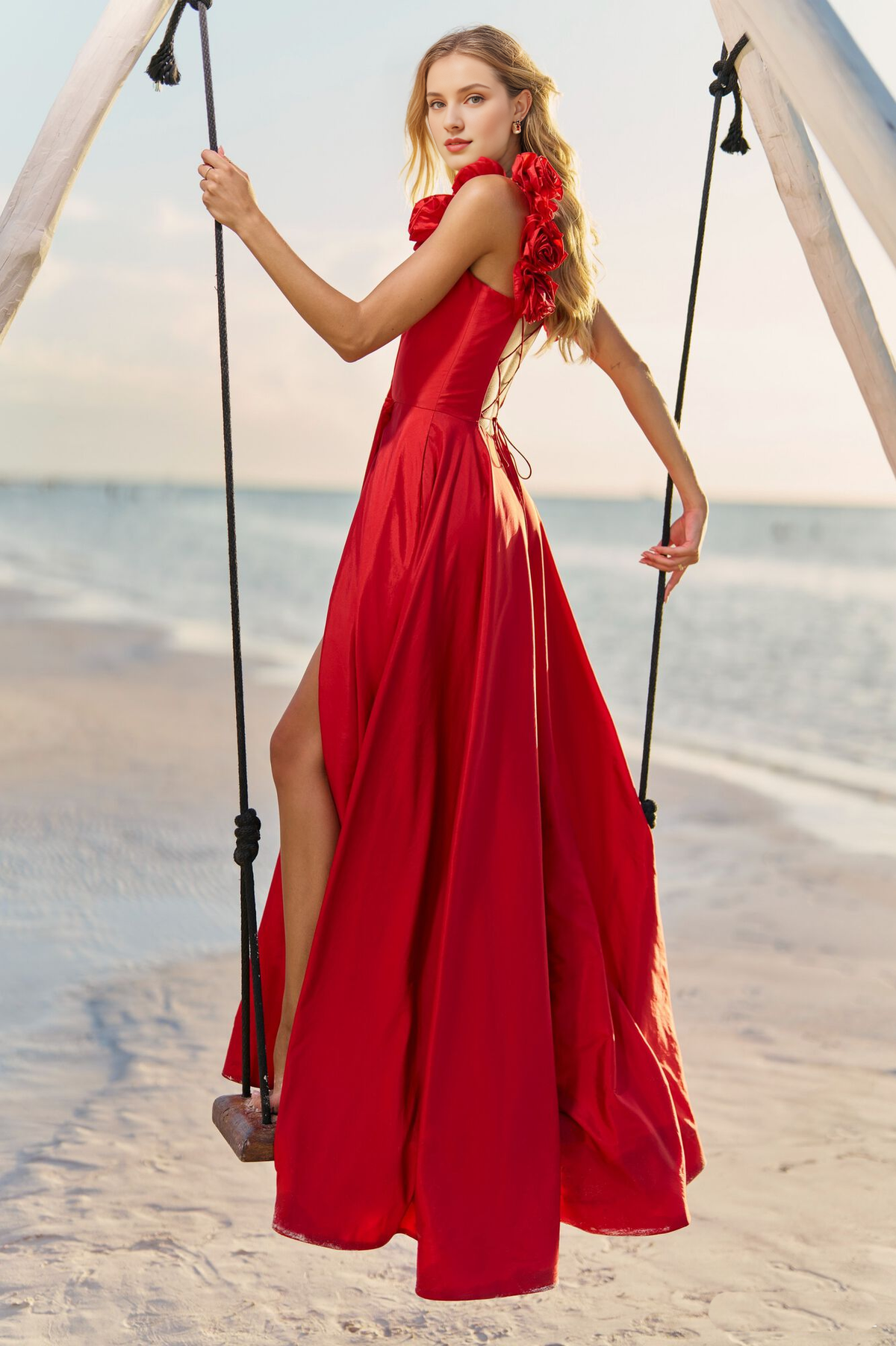 A-line rose decoration shoulder strap tight corset back strap and floor length Prom dress