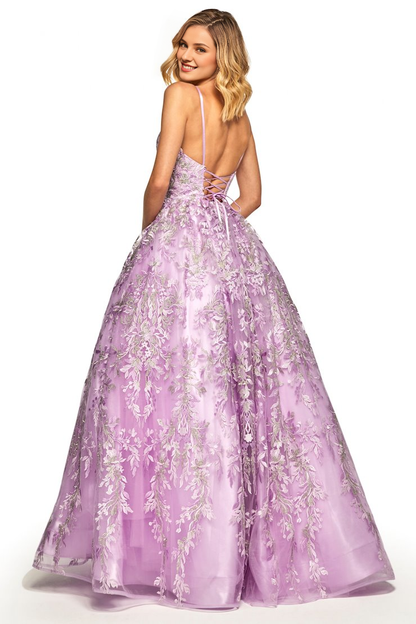 A-line V-neck sheer lace applique thin shoulder strap and floor length evening dress