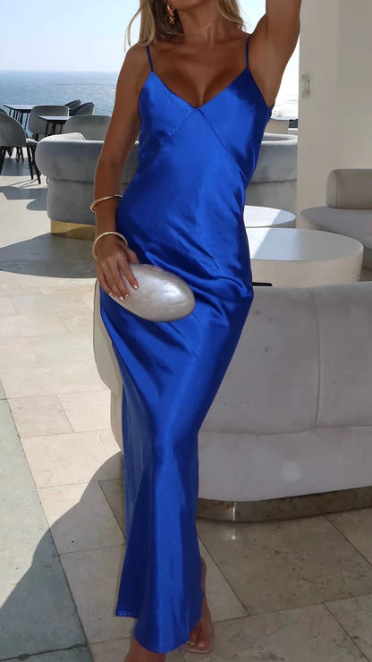 V-neck slim shoulder strap backless long Prom dress