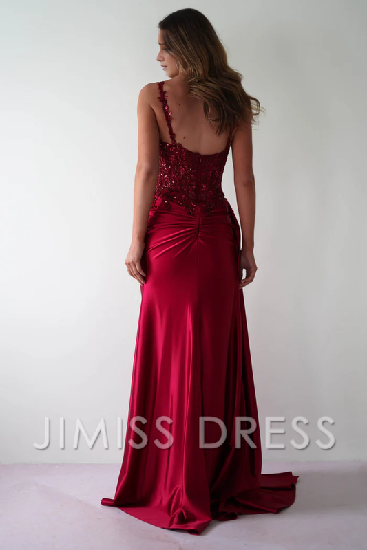 Thin shoulder strap waistband fits snugly satin evening gowns