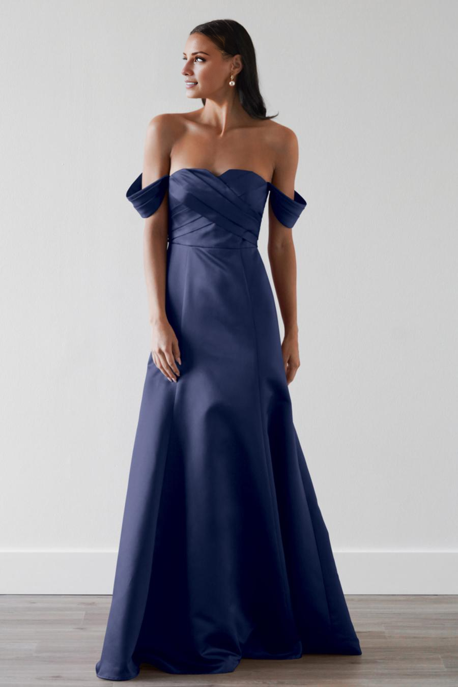 off shoulder collar pleated backless and floor length evening dress