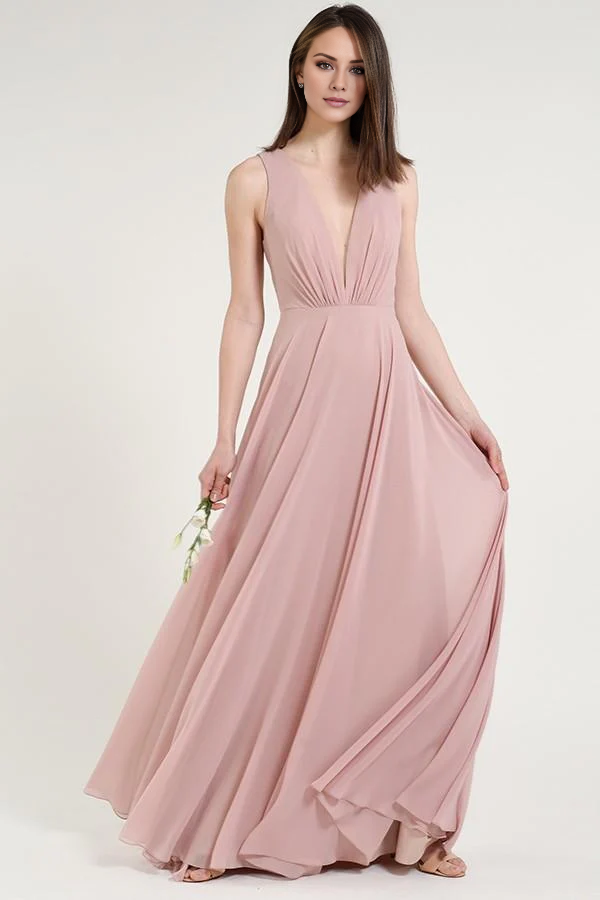 deep V-neck off shoulder sleeveless pleated backless and floor length evening dress