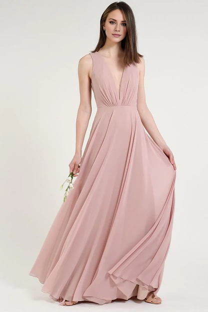 deep V-neck off shoulder sleeveless pleated backless and floor length evening dress
