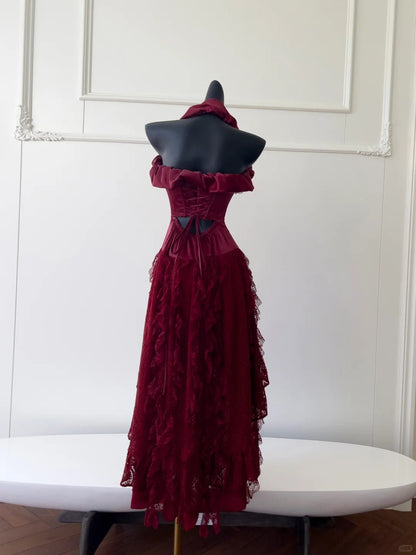 Burgundy Vintage Long Satin Ball Gown Birthday Party Dress Evening Dress gh4409