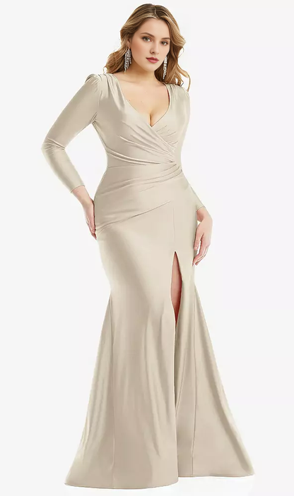 Long sleeved drape wrapped satin fishtail Prom dress