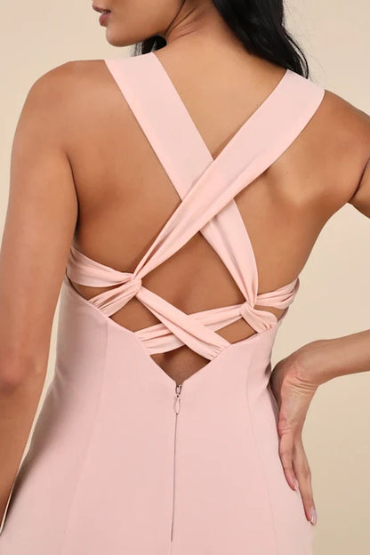 V collar off shoulder sleeveless backless side slit and floor length evening dress