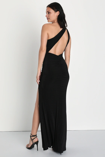 asymmetrical neckline off shoulder sleeveless backless side slit and floor length Prom dress