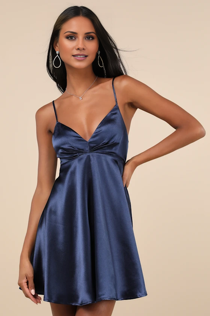 V collar off shoulder sleeveless thin shoulder strap off back short homecoming dress