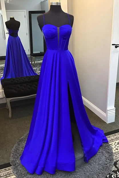 thin shoulder strap yellow A-line slit long Prom dress