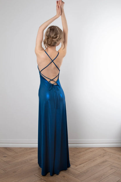 - Thin shoulder strap backless strap and floor length Prom dress
