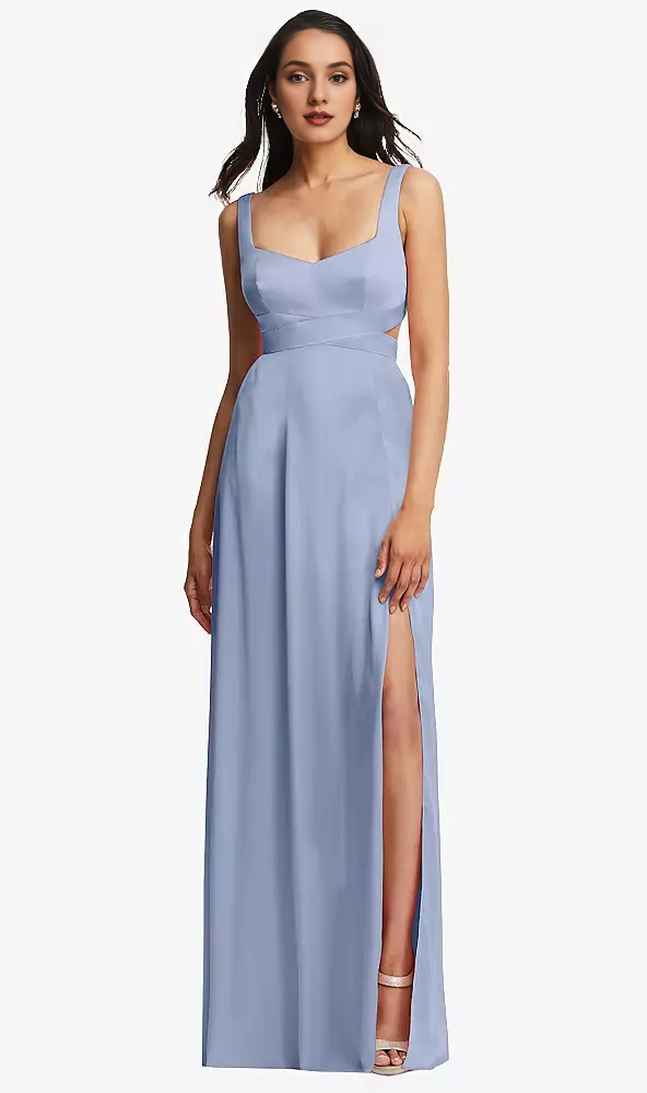 Front slit open collar cross cut hollowed out body extra long Prom dress