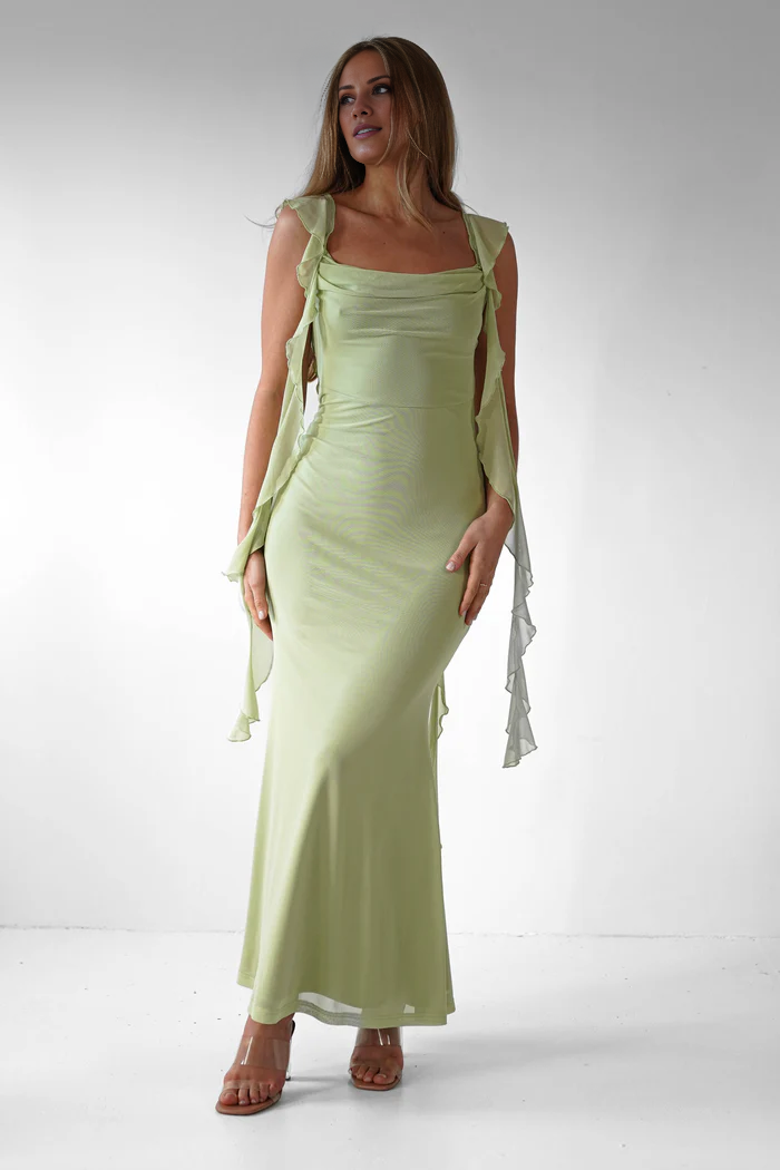 Square neck backless ruffle edge detail long Prom dress - Dress