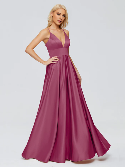V-neck thin shoulder strap satin and floor length bridesmaid dress