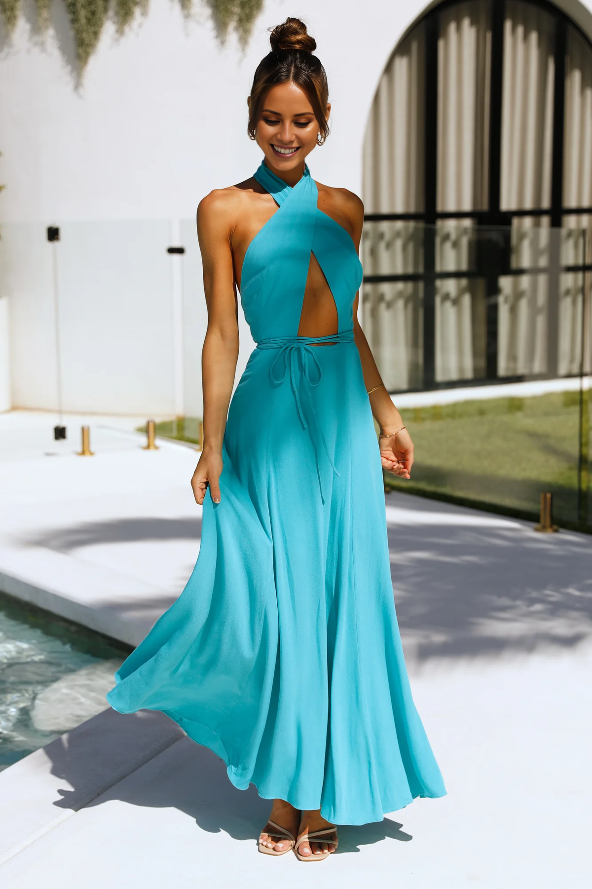 halter neckline sleeveless backless long Prom dress