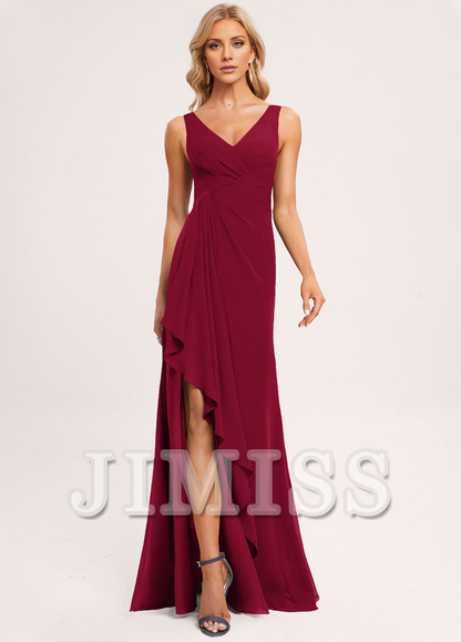 Ruffled A-line V-neck Floor-length Chiffon Bridesmaids Dress