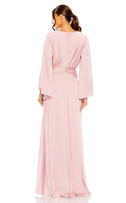 A-line V-neck flared sleeve side slit and floor length Prom dress