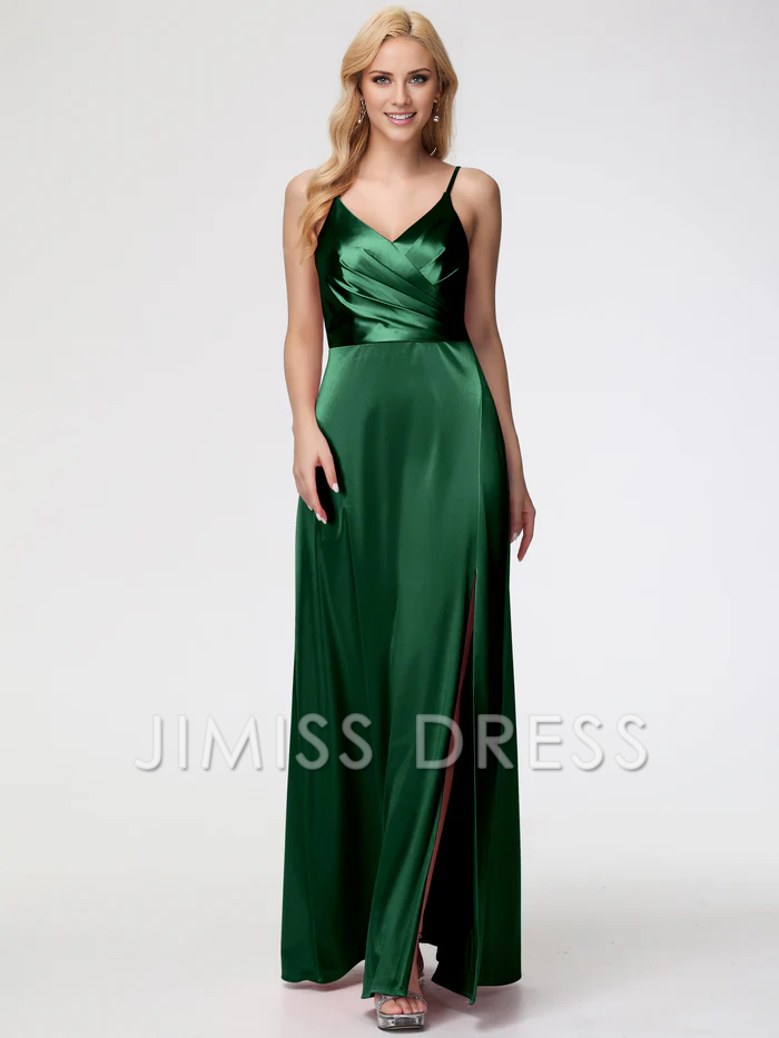 slim shoulder strap A-line V-neck pleated satin Prom dress